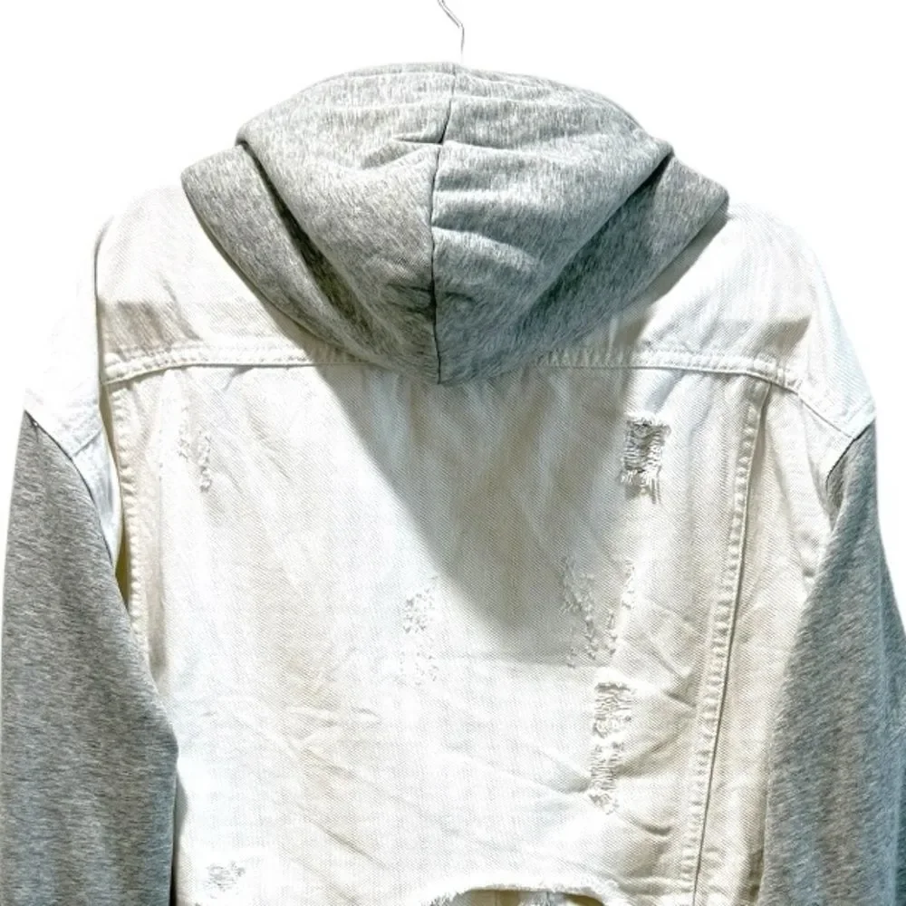 NWOT Dance & Marvel White Gray, Raw Hem, Crop Detachable Hoodie, Denim Jacket, - Picture 10 of 15